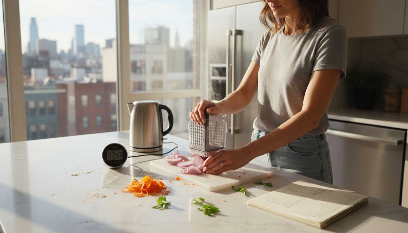Home cook using kitchen gadgets at counter
