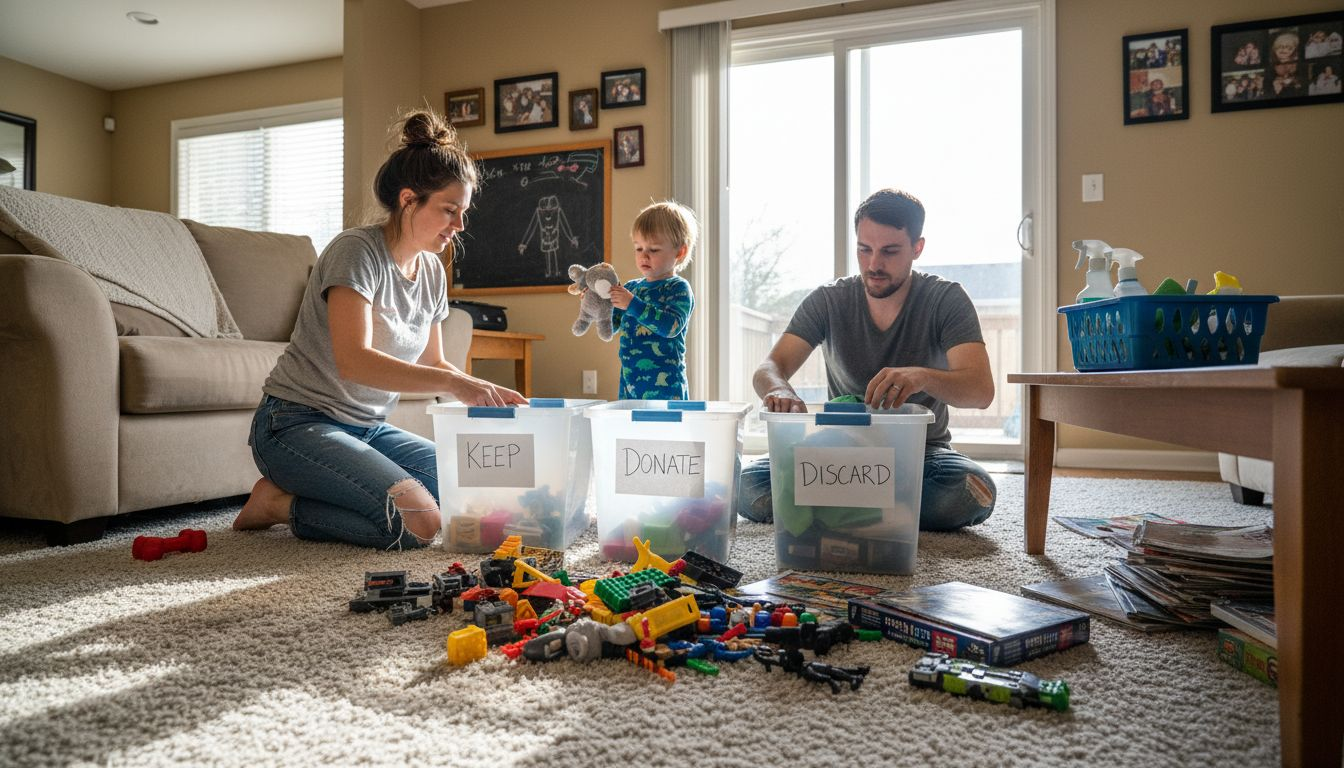 Family sorting items during home cleaning