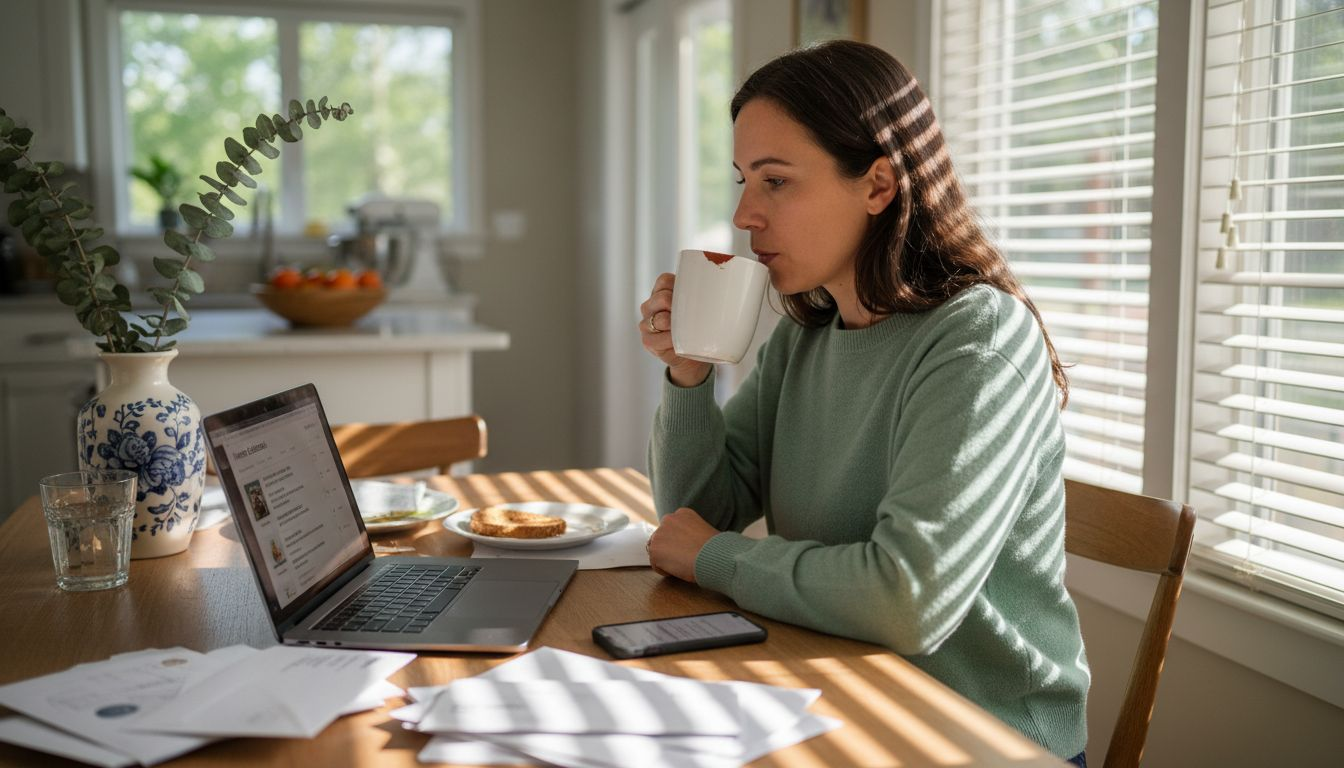 Homeowner reviewing online shop order at kitchen table